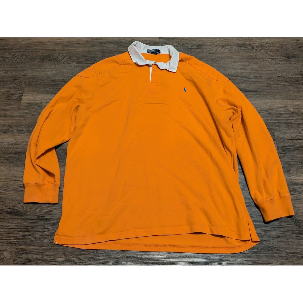 Polo Ralph Lauren Mens XL Orange Long Sleeve Cotton Rugby Shirt Elbow Patches
